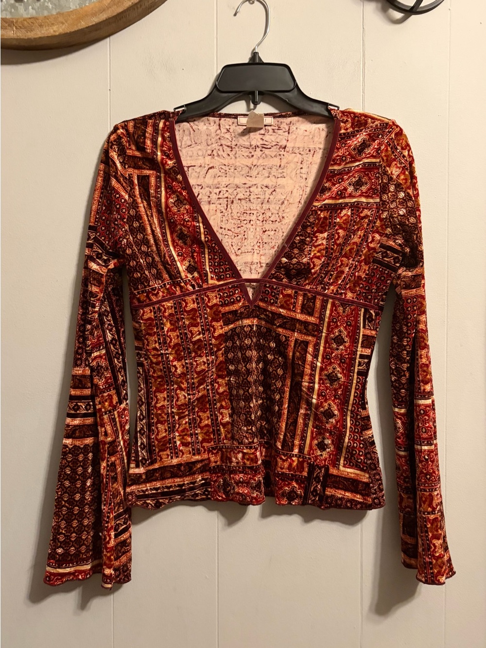 V-Neck Long-Sleeve Velvet Patchwork Top - Rust Multi VNTG